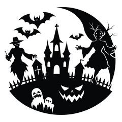 Spooky halloween silhouette scene with haunted castle scarecrows ghosts bats and jack o lantern under a crescent moon