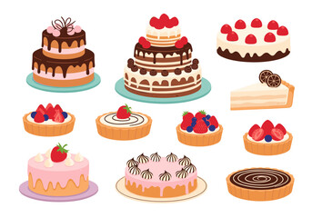 A delightful collection of freshly baked sweet desserts including cakes and tarts.