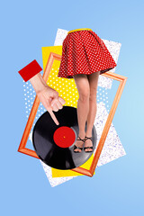 Pop art image poster 3d banner collage of anonym girl wear pinup dotted dress stand vinyl disk...