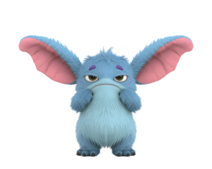 Cute furry blue monster character with large ears, conveys grumpy and isolated demeanor