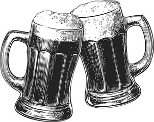 Beer mugs sketch hand drawn style with foam clinking together — stock vector