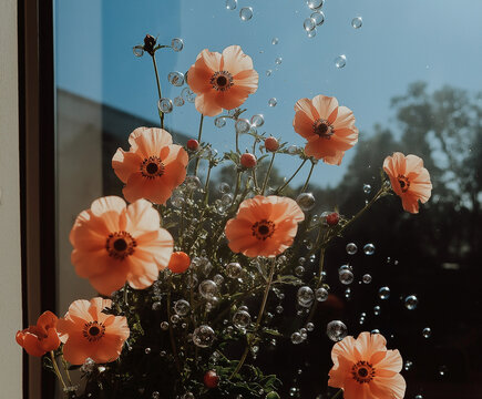 Blooming orange poppy flowers near a sunlit window surrounded by floating bubbles. Natural light botanical concept with modern aesthetics and artistic direction.
