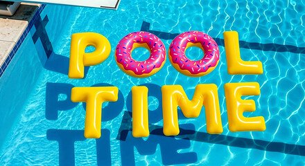 Inflatable Letters Spelling “POOL TIME” Floating in Blue Water – Fun Summer Concept with Donut Shapes and Vibrant Shadows
