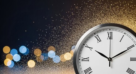 A clock displaying Roman numerals against a blurred, sparkling background, the passage of time and celebration.