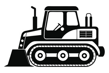 Isolated Black and White Illustration of a Bulldozer with Tracks and Blade Isolated