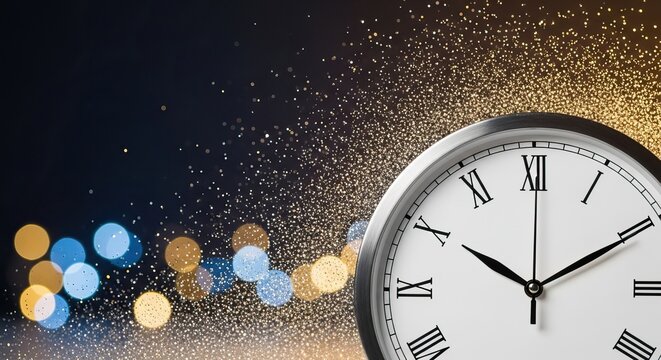 A clock displaying Roman numerals against a blurred, sparkling background, the passage of time and celebration.