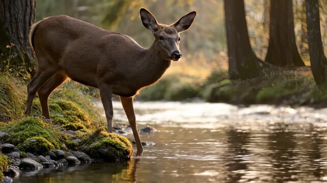 Doe Deer Drinking From Stream in Forest at Sunset