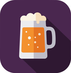 Flat design illustration of a beer mug with light beige froth and rich amber beer on a dark purple background