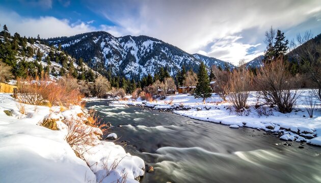 Snowy mountain landscape with a flowing river