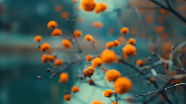 Detailed shot small orange blossoms on delicate branches against a soft, blurred teal background