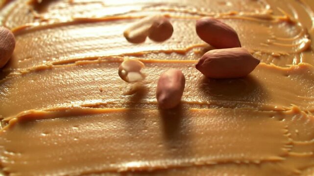 Creamy peanut butter spread with whole and half peanuts, a delicious and healthy snack.
