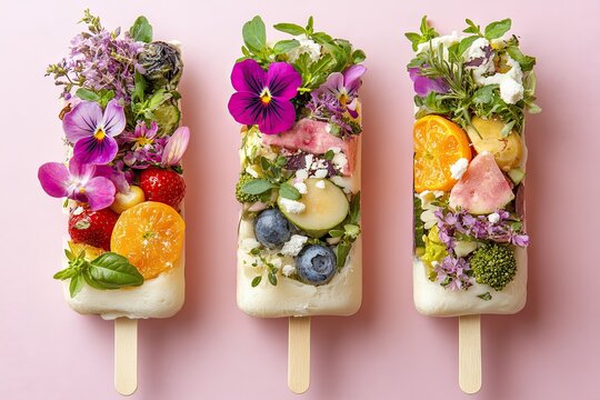 Fancy popsicles adorned with edible flowers, fruit, and greens