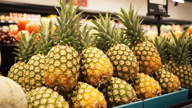 A large display of ripe pineapples at a grocery store produce section ready for purchase