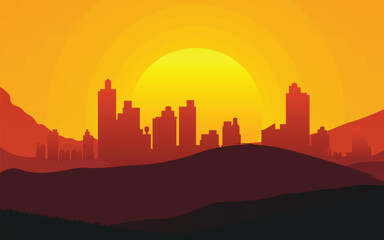 Abstract flat vector of a modern city skyline silhouette against a vibrant golden sunset or sunrise. Perfect for travel, urban development, corporate branding, finance, and digital design projects.
