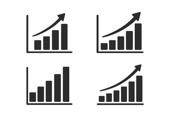Business growth chart vector icon set. Bar graphs with increasing arrows. Financial data analysis, success, and profit concept. Statistics diagram for presentation and report.