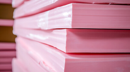 Close-up of stacked pink foam boards, neatly arranged. The composition highlights texture and color, suggesting insulation or packaging materials.