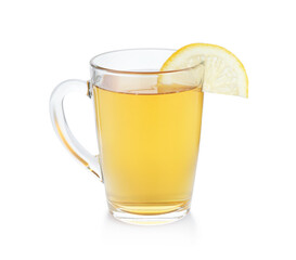 Aromatic tea in cup with lemon isolated on white