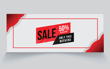 Modern SALE 50% DISCOUNT banner vector featuring a bold red, black, and white layout. Ideal for e-commerce promotions, online advertising, social media marketing, and professional website headers.