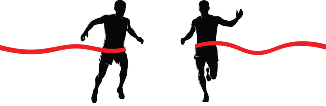 Runner silhouettes, finish line moment, race victory, athletic motion, red ribbon, competitive sprint, sports achievement, dynamic pose, black figures, speed