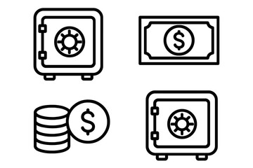 Finance icon set for money savings. Bank vault, safe deposit box symbol. Dollar bill cash banknote illustration. Stack of coins. Banking investment security wealth concept.