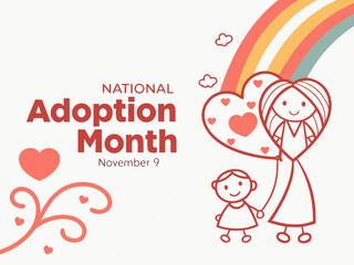National Adoption Month Illustration with Mother Child Heart Balloons Rainbow and November 9 Date cute