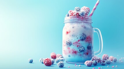 Jar Smoothie with Raspberries & Blueberries on Blue Background with Pink Straw