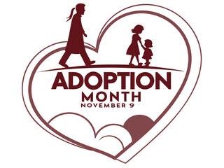 Adoption Month November 9 Celebration with Heart Graphic Featuring Silhouettes of People Walking Together maroon