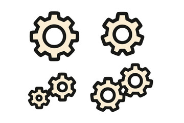 Gear and cogwheel icon set in filled outline style. Vector graphic for web and app UI design. Concepts: teamwork, connection, progress, system, development, options, settings.