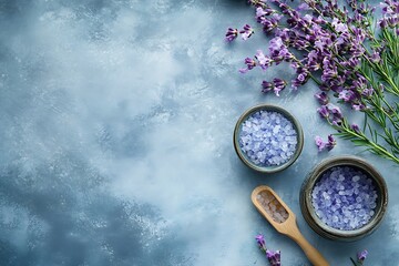 Lavender Buds, Mineral Sea Salt, and Wooden Scoop on Blue Textured Background
