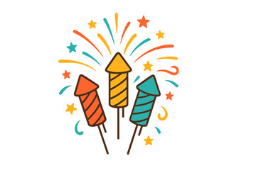 Colorful fireworks rocket vector icon for celebration. Flat illustration for holiday, New Year, party. Pyrotechnics symbol with stars and sparks. Isolated festival graphic element.