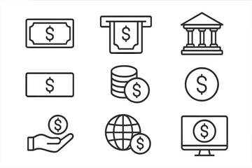 Money and finance thin line icon set. Vector symbols for banking, payment, and currency. Includes bank, dollar, cash, coin, ATM, and online digital transaction icons.