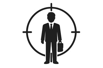 Businessman in target scope icon. Customer targeting, business goal, and recruitment concept. Headhunting, employee search, and audience focus vector illustration.