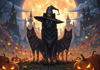 Mystical Wolves in a Halloween Castle Landscape