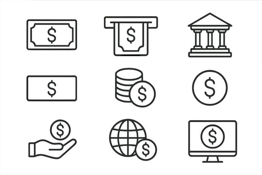 Money and finance thin line icon set. Vector symbols for banking, payment, and currency. Includes bank, dollar, cash, coin, ATM, and online digital transaction icons.
