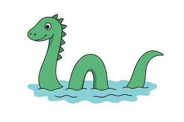 Cute Loch Ness Monster cartoon vector. Funny Nessie, mythical creature from Scotland. Happy sea monster swimming in lake. Prehistoric plesiosaur, cryptozoology legend illustration.