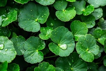 Lush Green Asiatic Pennywort Leaves with Water Droplets Fresh Wet Foliage