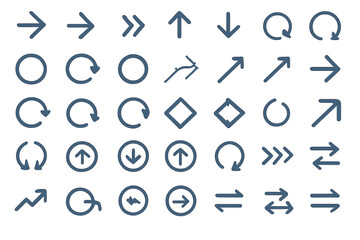 Arrow icon set. Big collection of linear navigation and direction signs. Simple pointers for web and app design. Up, down, left, right, refresh, next symbols. Vector illustration.