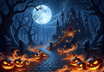 Haunted Castle and Jack-o'-Lanterns on a Full Moon Halloween Night