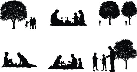Family silhouettes outdoors, picnic and leisure, parents with children, nature trees, outdoor lifestyle, bonding, relaxation, togetherness, park activities, happy family moments