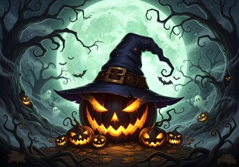 Enchanted Halloween Night with Witch Hat Jack-o'-Lantern