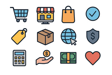 E-commerce icon set. Online shopping. Web store, retail. Vector symbols for website design, app, UI, UX. Flat outline style cart, bag, delivery, payment, secure, money.