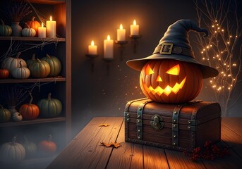 Magical Halloween Night with Jack-o'-Lantern and Rustic Decor