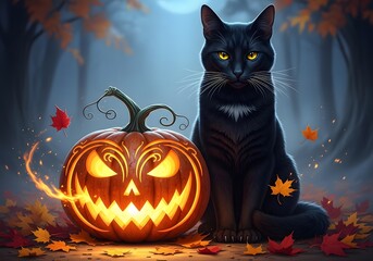 Mysterious Black Cat and Jack-o'-Lantern in Autumn Forest
