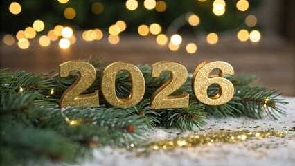 A festive arrangement featuring the year 2026 in gold, surrounded by evergreen branches and soft, glowing lights.