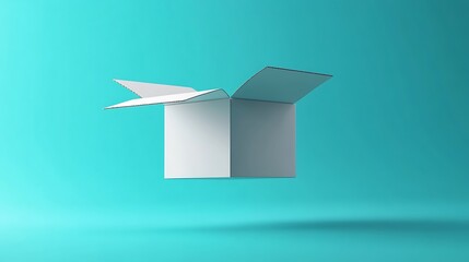 Minimalist White Cardboard Box Open Floating Against a Turquoise Background