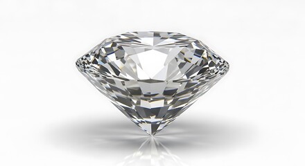 A brilliant cut diamond gemstone with sharp facets reflecting light isolated on white background