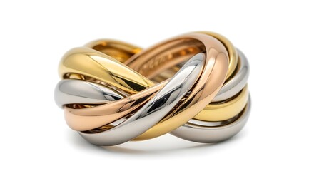 Elegant intertwined tri color gold ring with intricate design isolated on white background