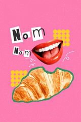 Pop art image poster 3d banner collage of happy faceless mouth bite puff dough croissant bakery...
