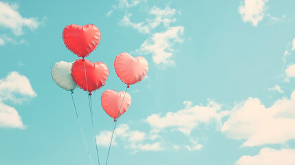 Heart-shaped balloons floating in blue sky with clouds
