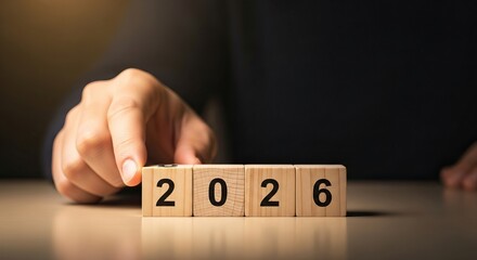 A hand is turning a wooden block to reveal the year 2026, the passage of time and upcoming changes.